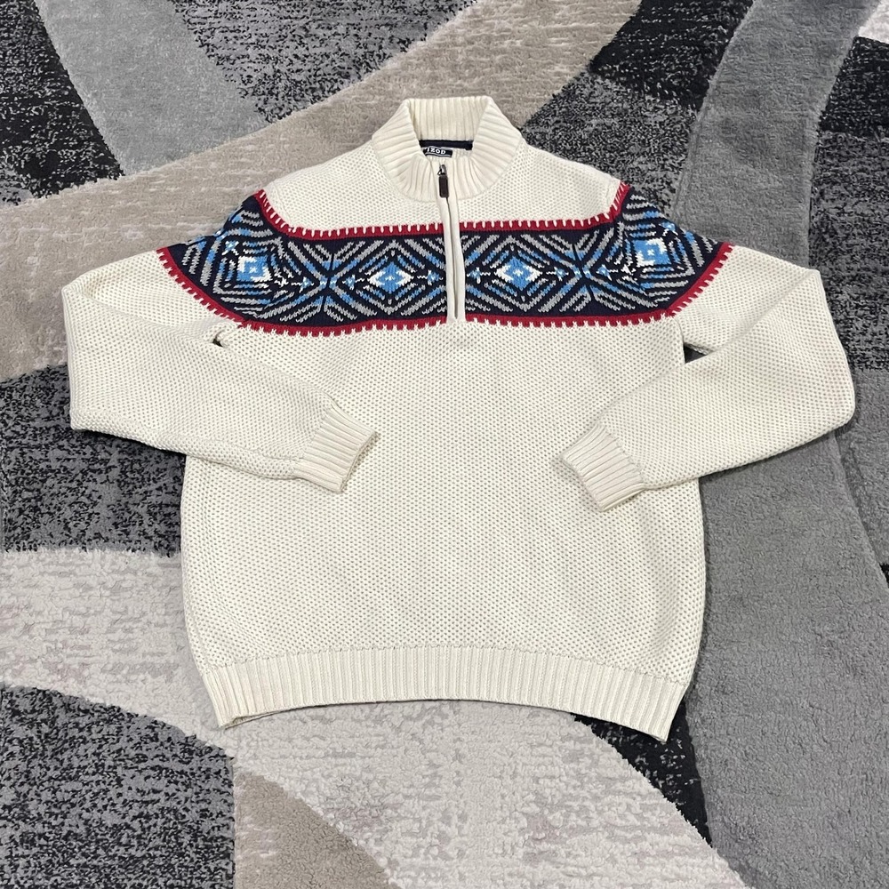 IZOD Sweater Men Large White‎ 1/4 Zip Mock Neck Fair Isle Nordic Cotton Waffle